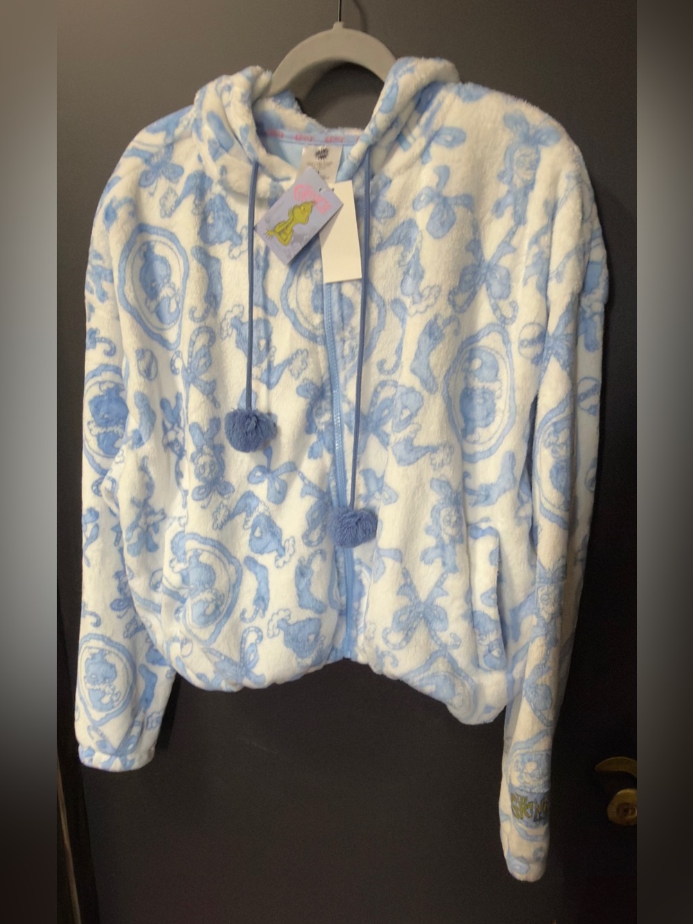 The Grinch Plush Blue & White Zip-Up Hoodie with Pom Drawstrings - Picture 3 of 6